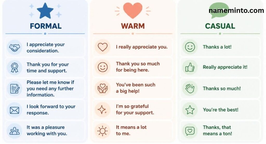 Chart showing formal, warm, and casual alternatives to I am honored