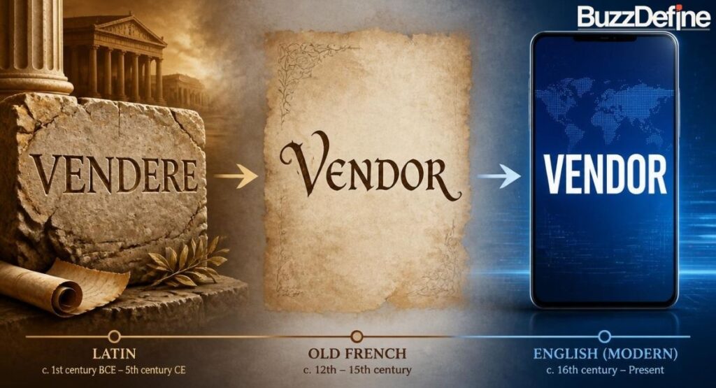 Vendor word origin timeline from Latin vendere to modern English