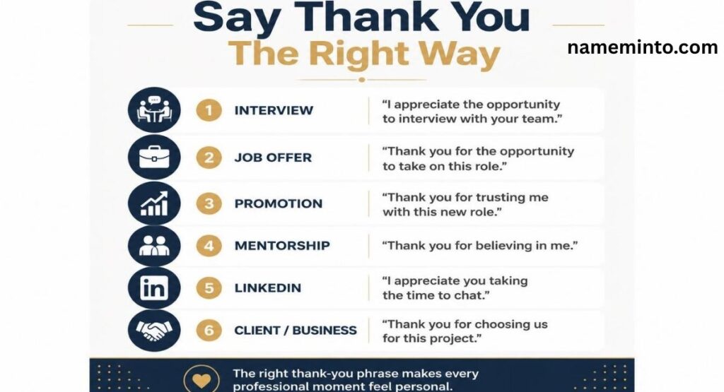 Six categories of thank you for the opportunity phrases for interviews, jobs, promotions, and mentorship